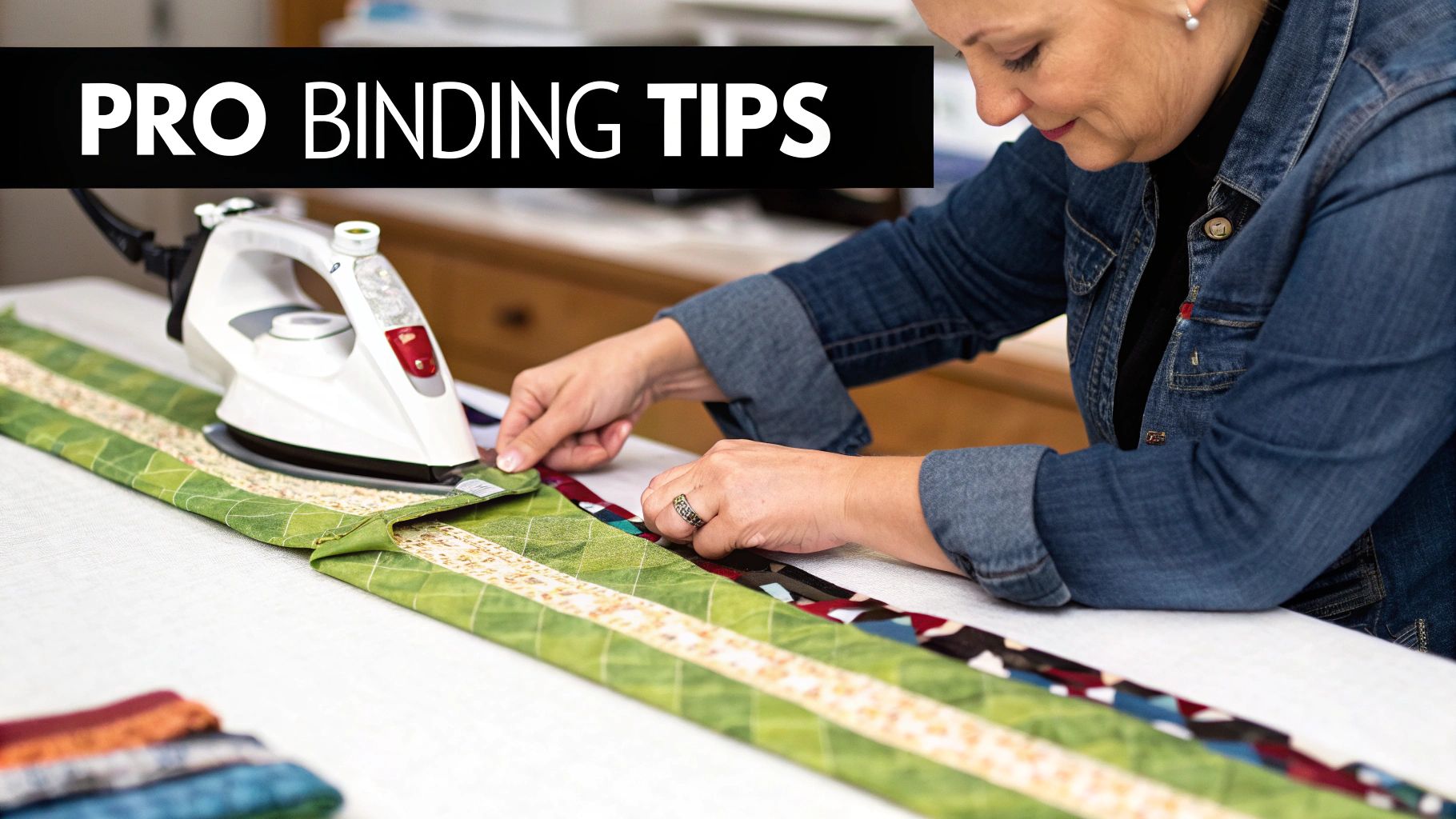 A woman irons green patterned fabric, likely quilt binding, with the text "PRO BINDING TIPS" visible.