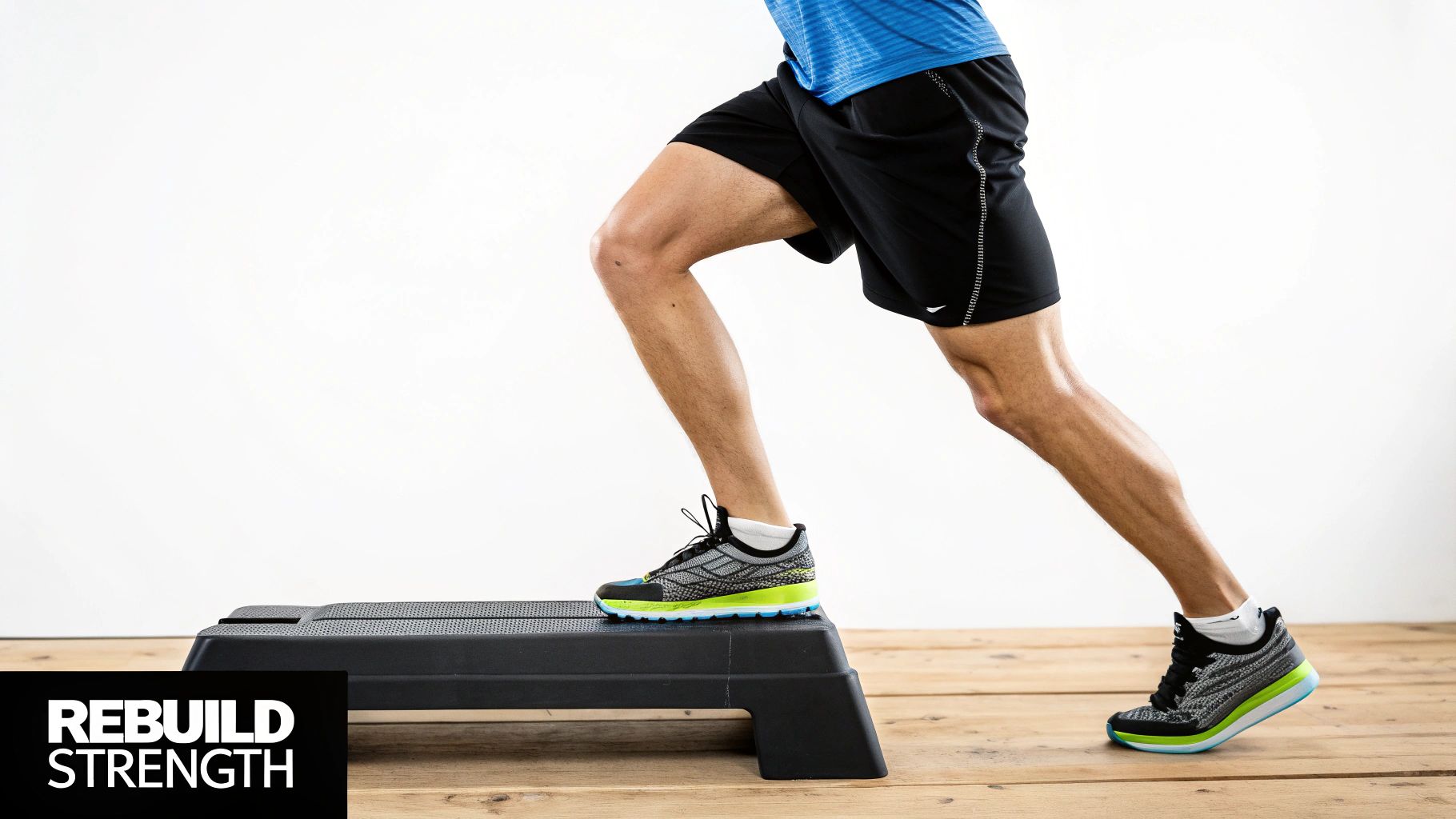 A person's legs performing a step-up exercise on a black aerobic step, wearing running shoes.