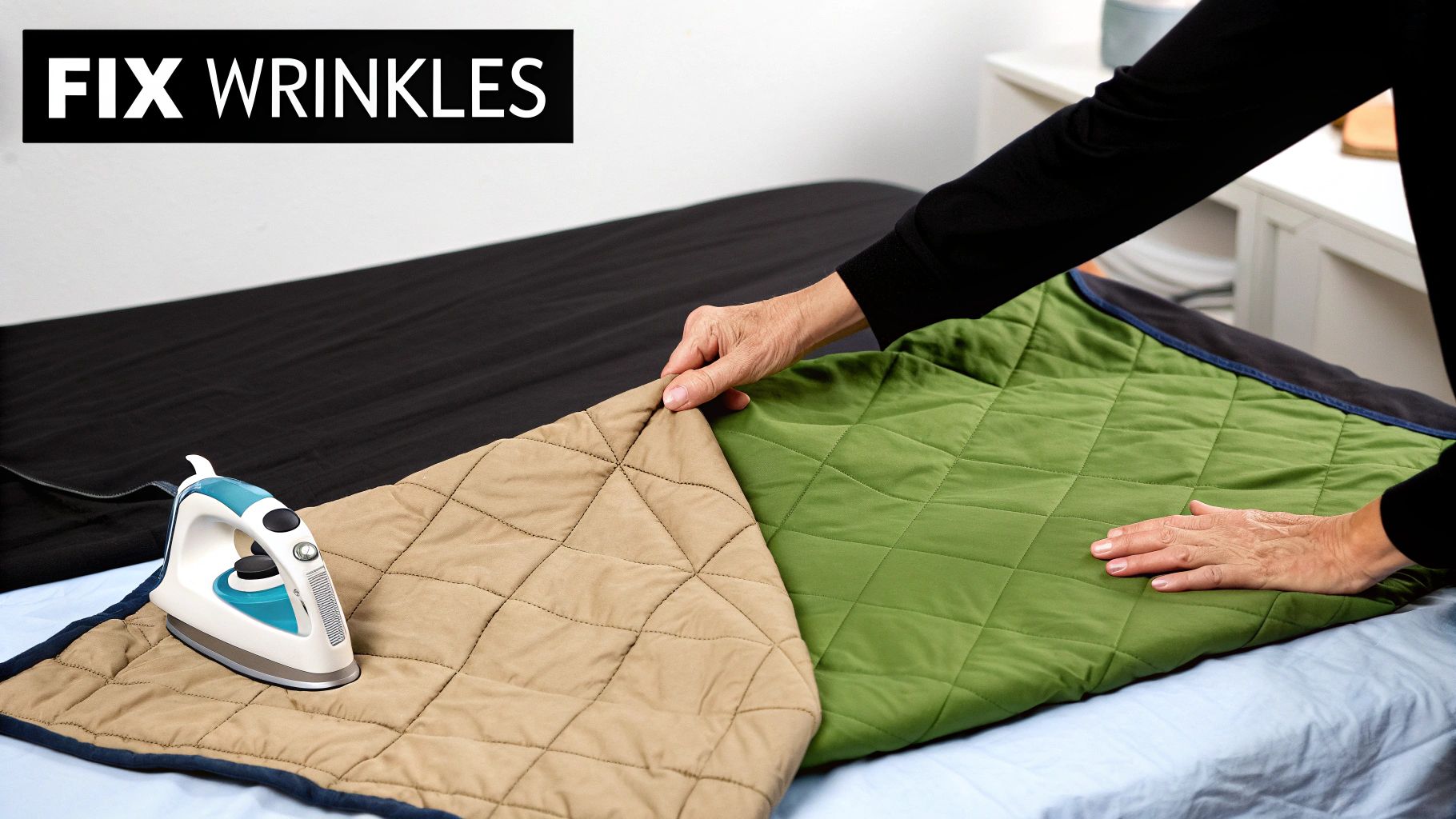 A person's hands are shown ironing a beige and green quilted blanket on an ironing board to fix wrinkles.