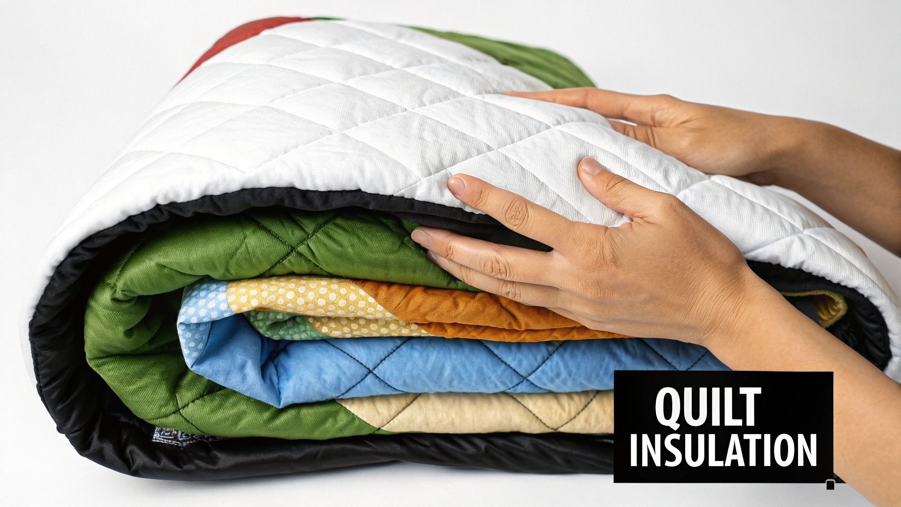 Hands holding a rolled stack of colorful, quilted fabric layers with a white top layer, showcasing insulation.