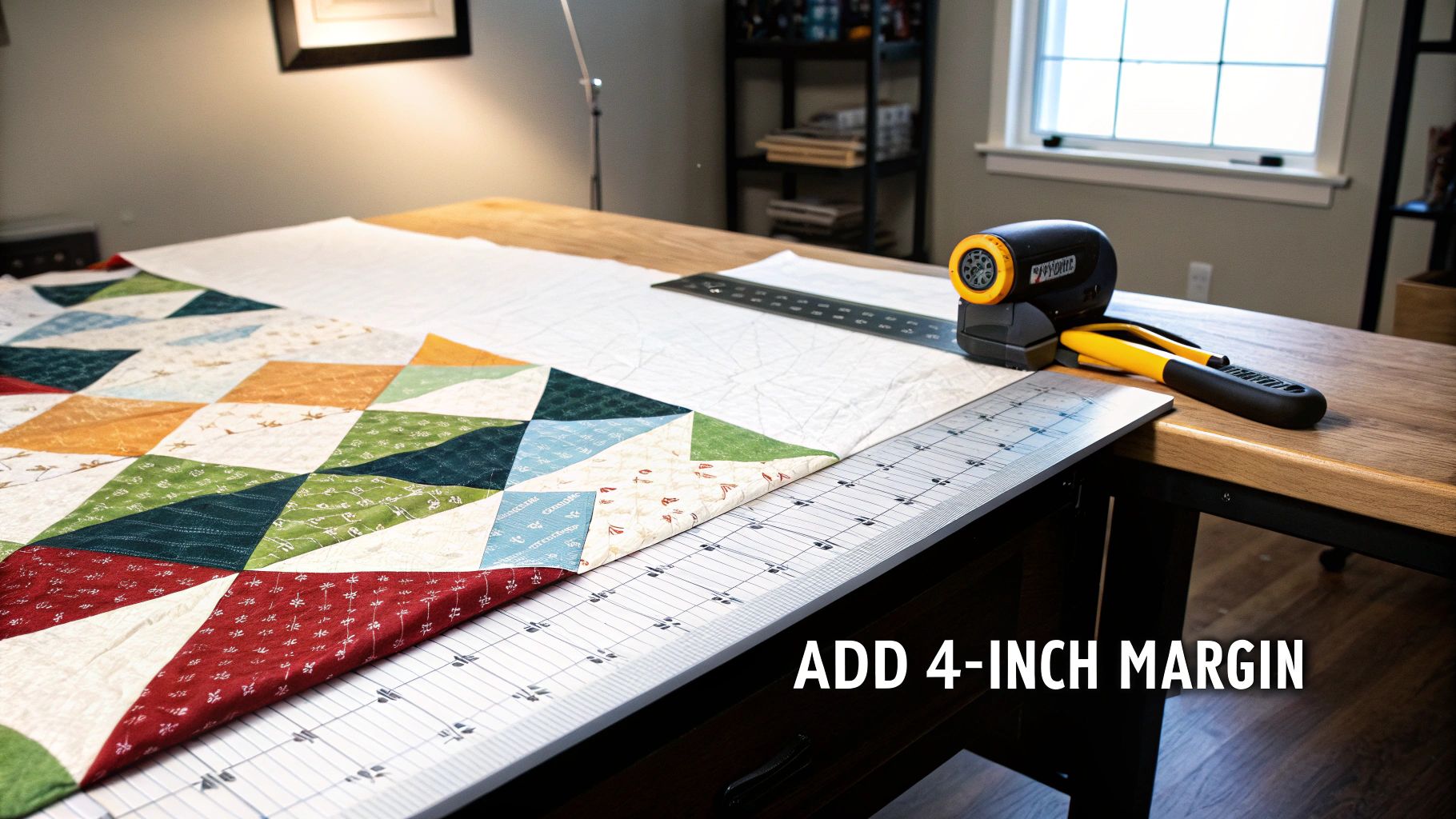 A colorful quilt on a large cutting table with a ruler and rotary cutter for adding a 4-inch margin.