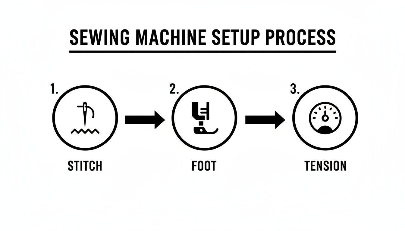 A diagram illustrating the three-step sewing machine setup process: stitch, foot, and tension.