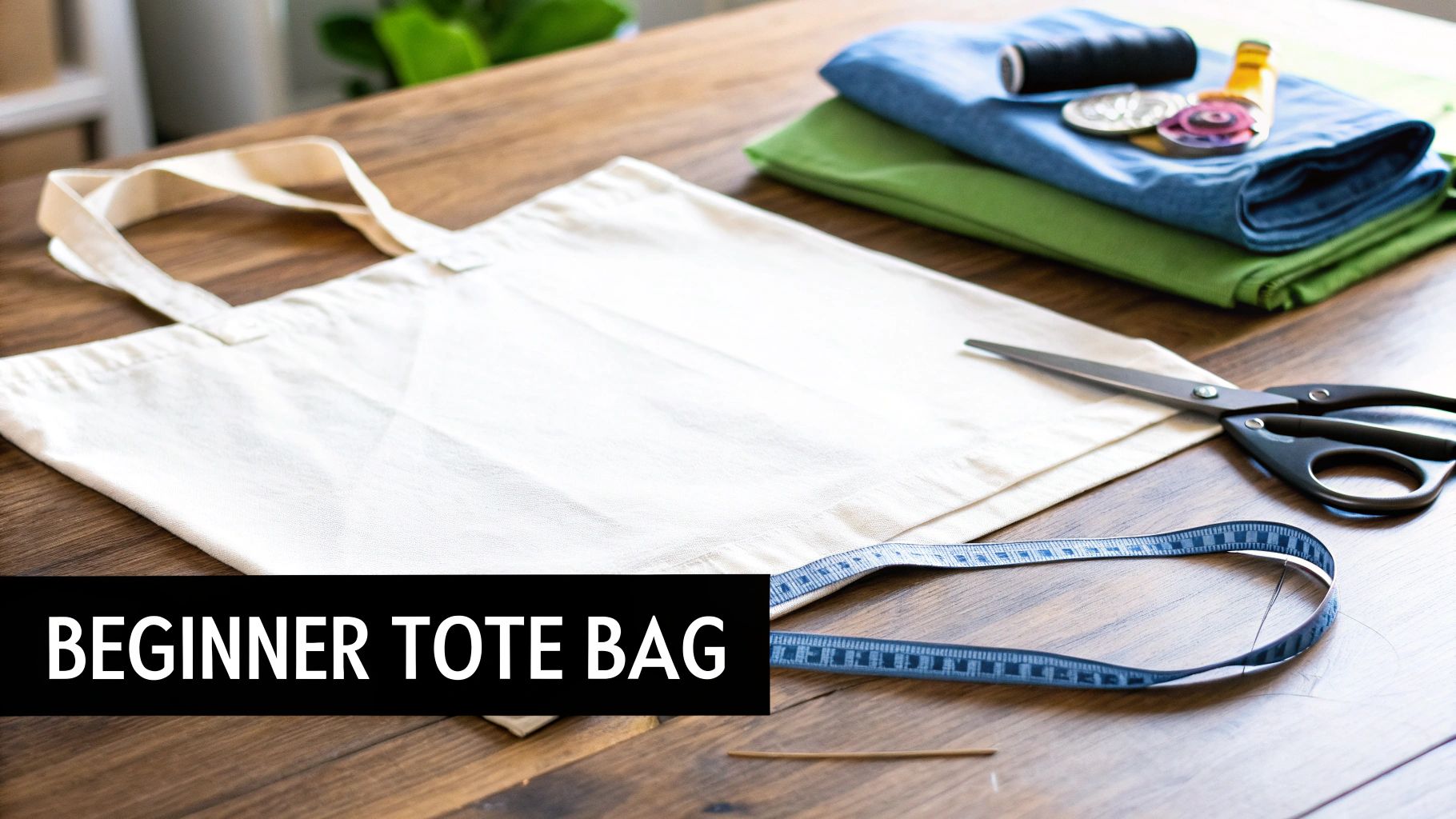 Sewing supplies for beginners, including a blank canvas tote bag, scissors, and fabric on a wooden table.