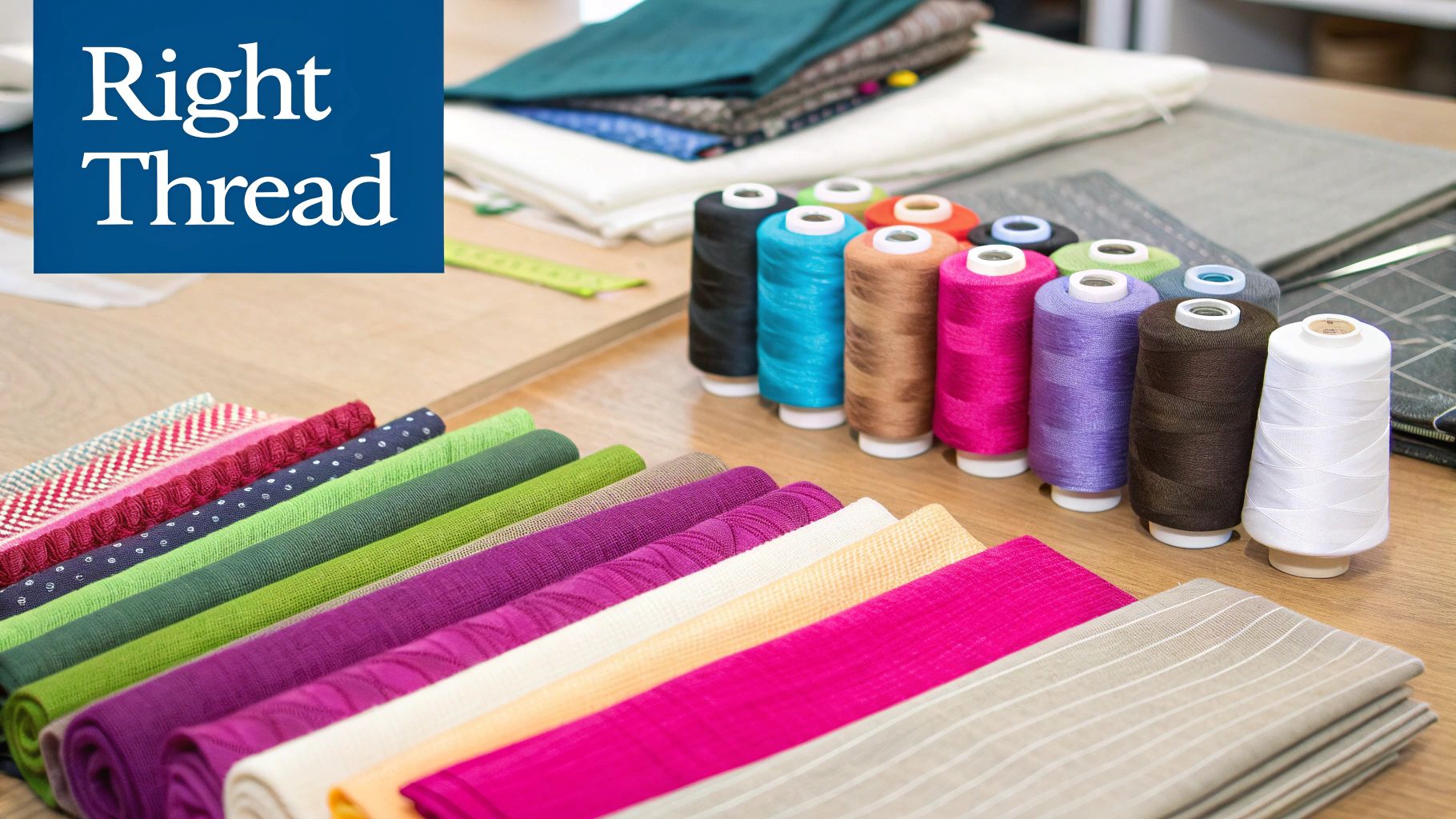 A colorful assortment of high-quality sewing machine threads on spools.