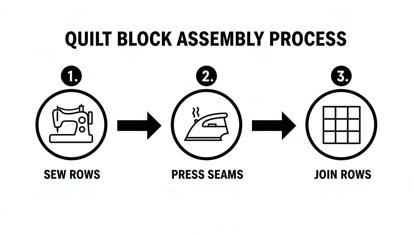 A diagram illustrating the three steps of the quilt block assembly process: sew rows, press seams, and join rows.
