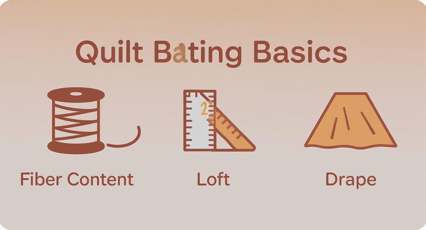 Infographic showing quilt batting basics with icons for fiber content, loft measurement, and drape characteristics