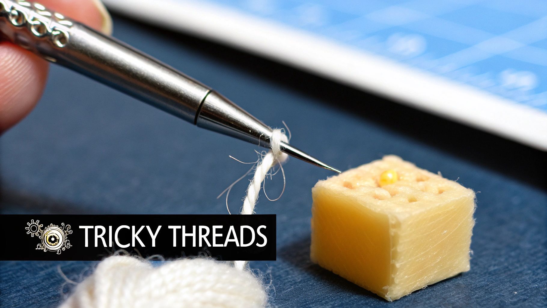 A close-up of a hand using a fine silver needle to thread a white string.