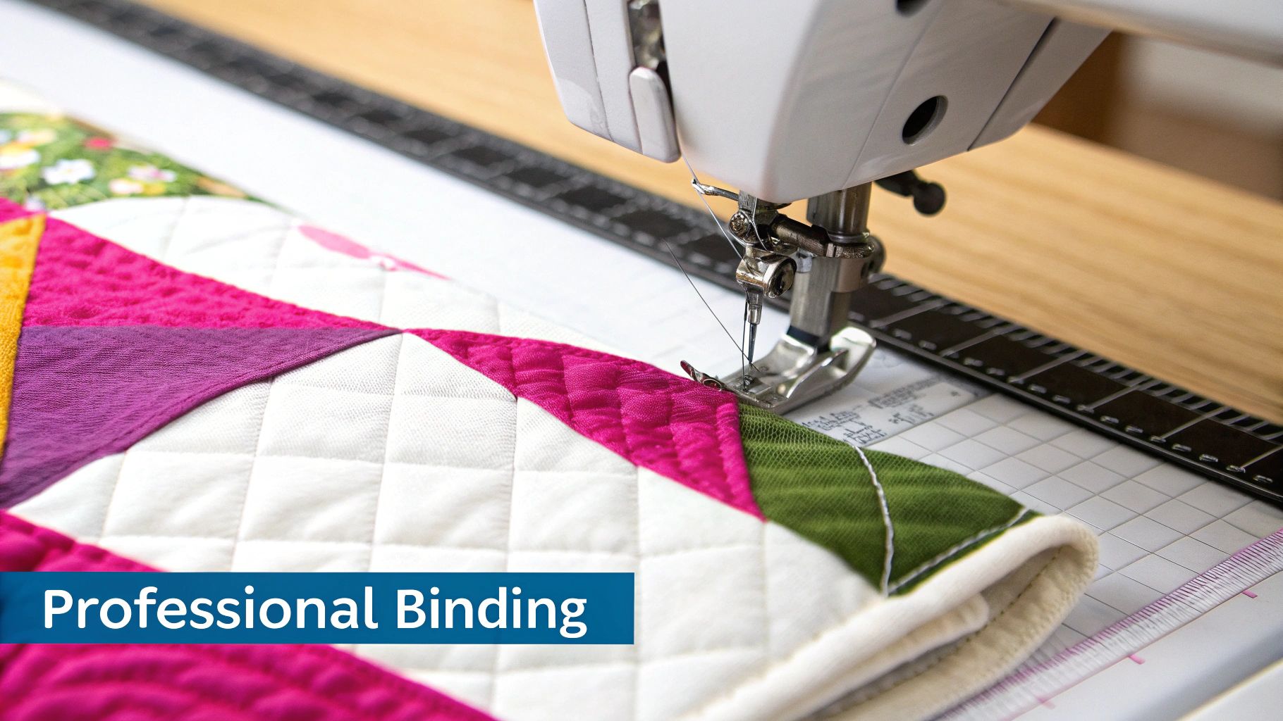A sewing machine expertly stitching colorful fabric patches onto a patterned quilt.
