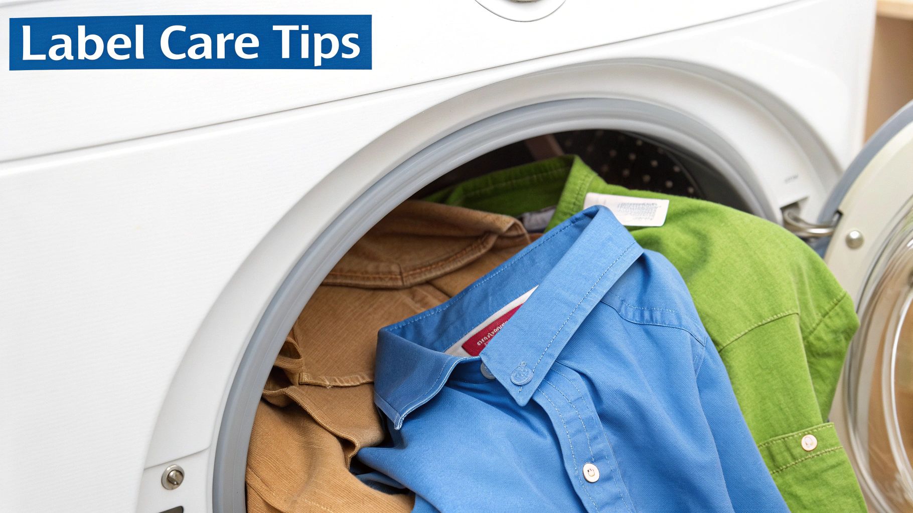 Washing machine open with colorful shirts inside, and a 'Label Care Tips' banner displayed.