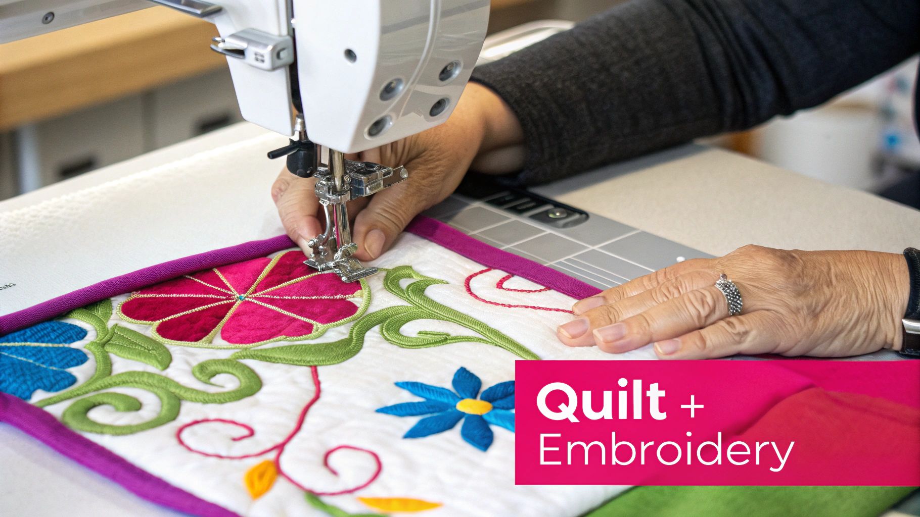 A vibrant, detailed quilt showcasing machine embroidery patterns.