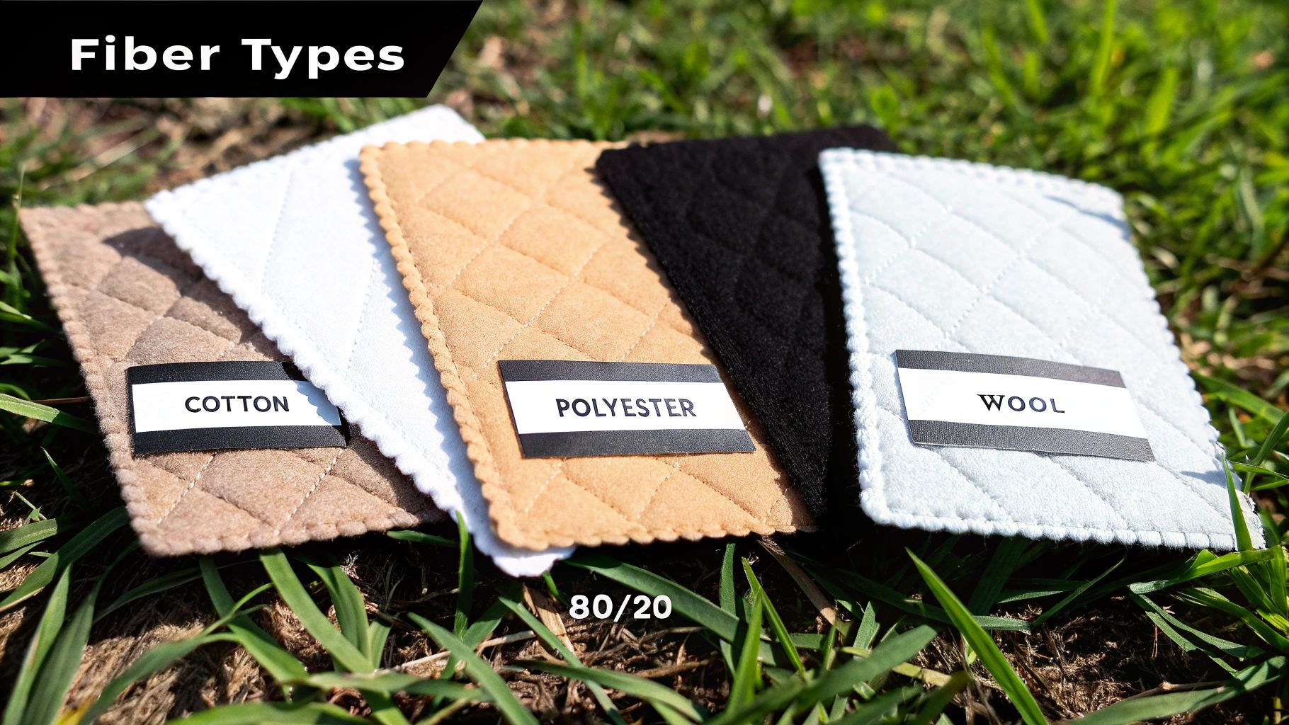 Assorted quilted fabric samples of cotton, polyester, and wool, illustrating different fiber types on grass.