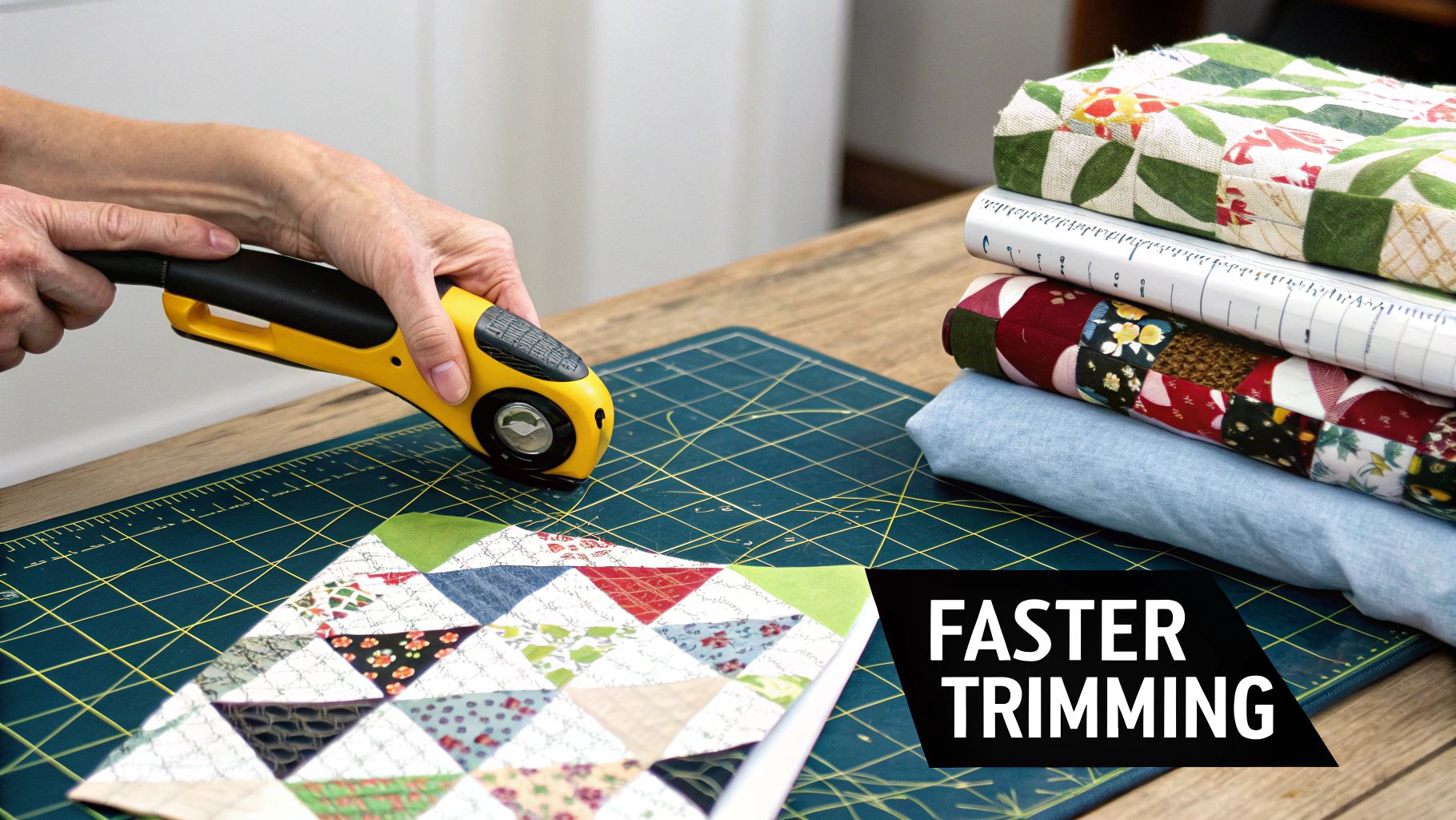 A neatly organized quilting station with a rotating cutting mat, rulers, and fabric blocks.