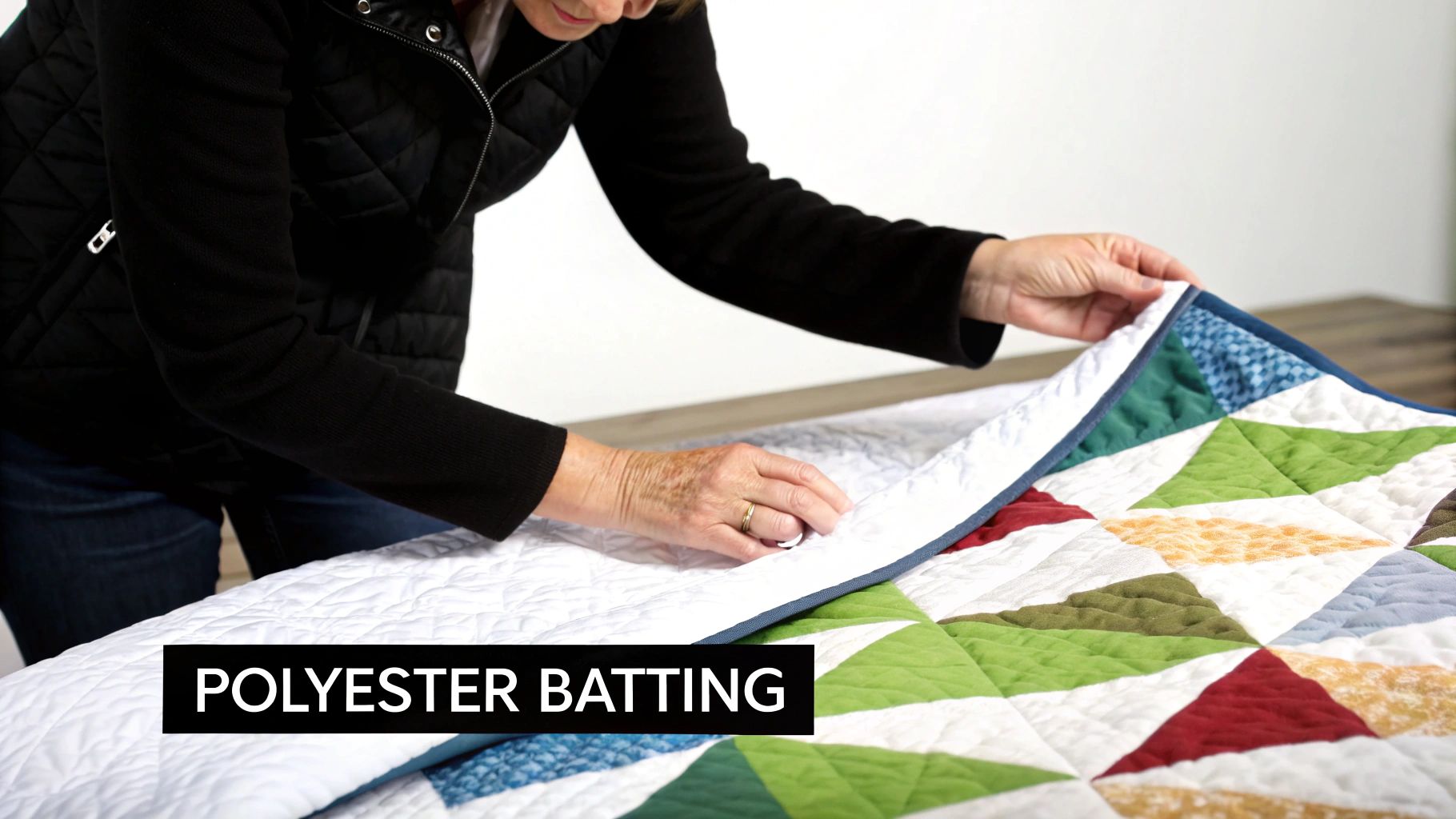 A person's hands hold up a colorful quilt, revealing the white polyester batting and quilted texture inside.