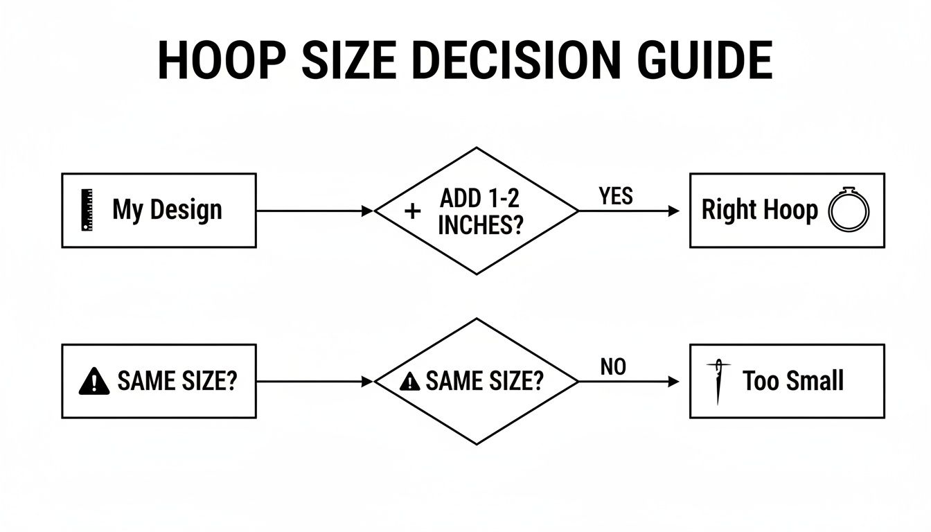Flowchart for embroidery hoop size selection, recommending adding 1-2 inches to the design dimensions for the correct hoop.