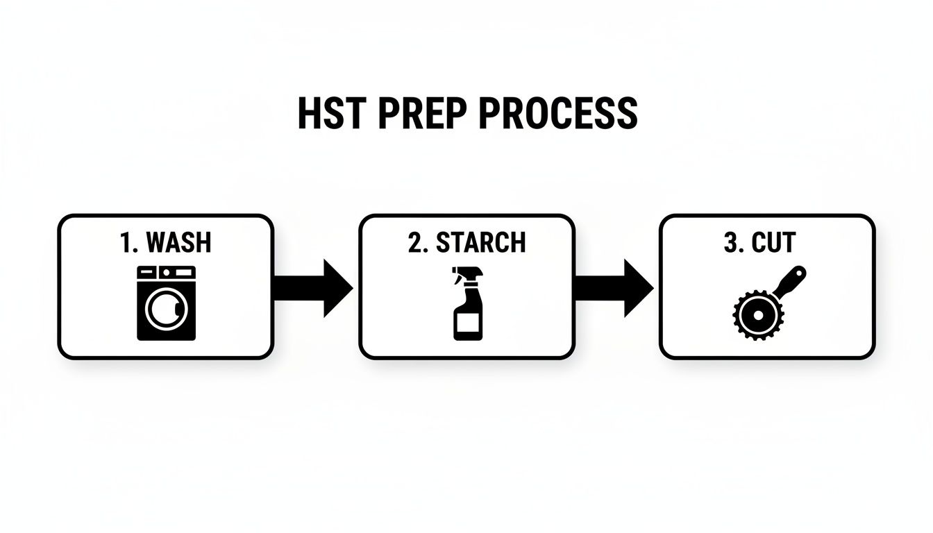 A three-step flowchart outlining the HST preparation process: wash, starch, and cut fabric.