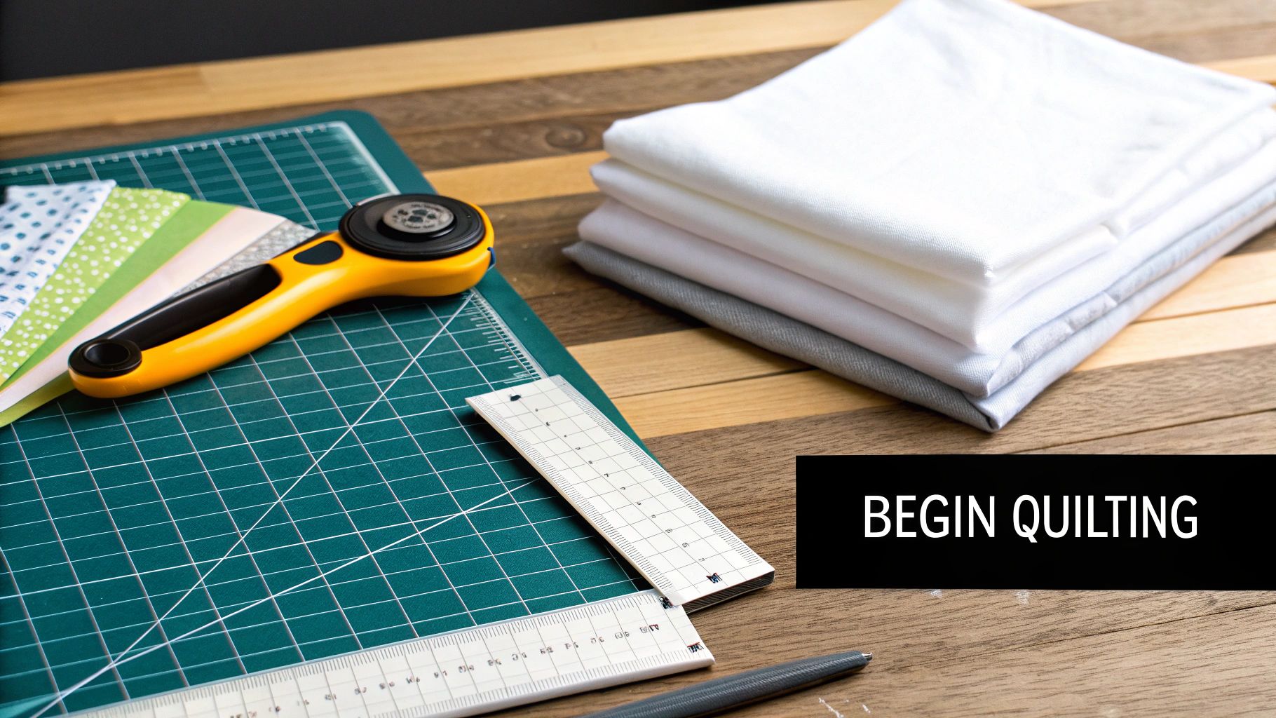Quilting tools including a rotary cutter, cutting mat, fabric, and rulers on a wooden table, with text 'BEGIN QUILTING'.