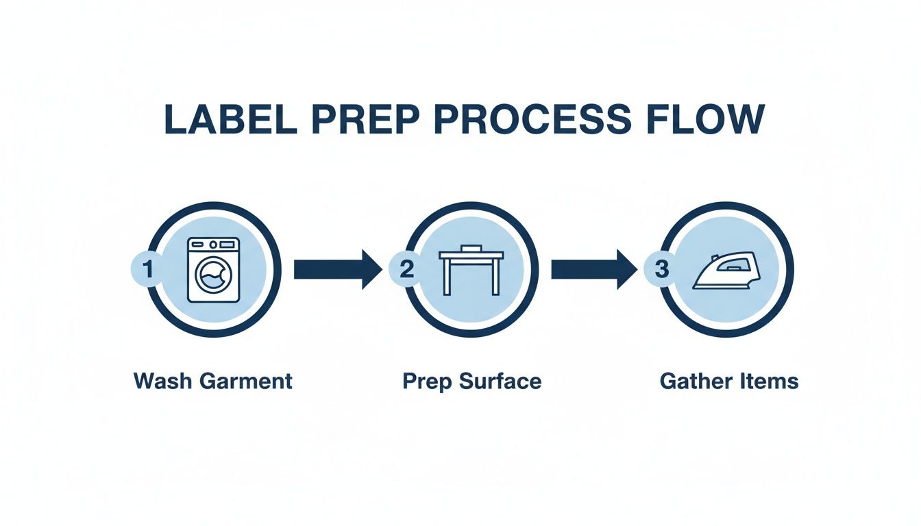 Process flow for label preparation, showing steps: wash garment, prep surface, and gather items.