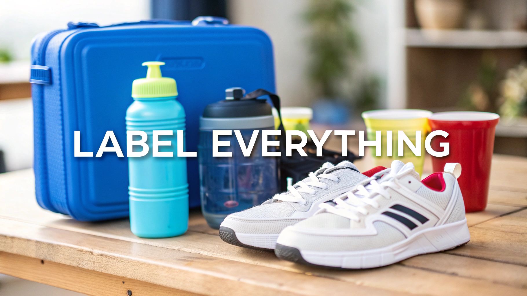 A blue lunchbox, light blue water bottle, grey water bottle, white sneakers, and cups on a wooden table, with text 'LABEL EVERYTHING'.