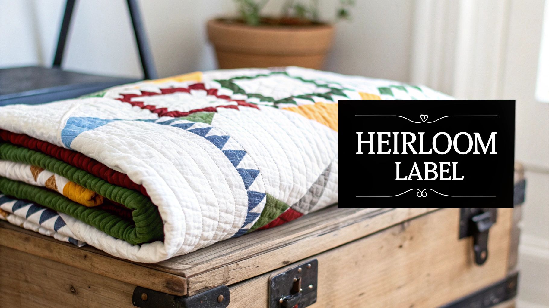 A colorful, folded patchwork quilt rests on a wooden trunk, with an "HEIRLOOM LABEL" overlay.