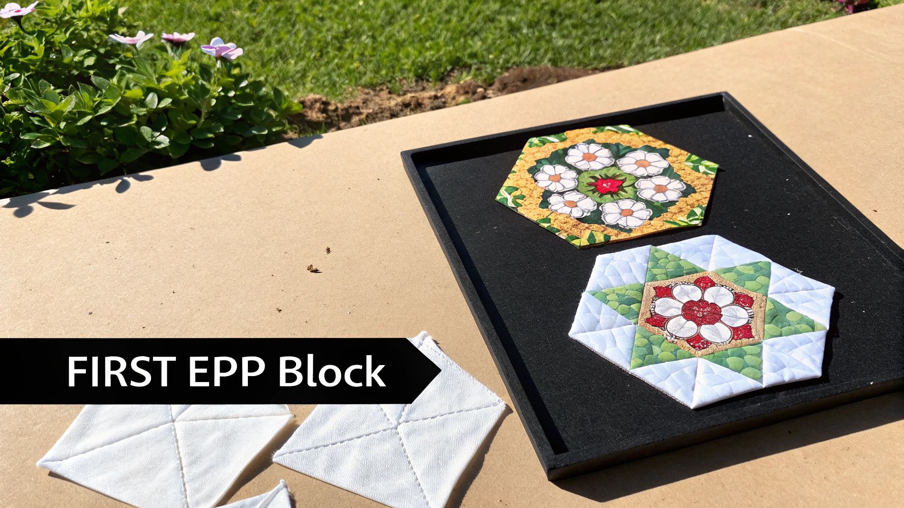 Two colorful English Paper Piecing (EPP) quilt blocks on a black tray, with white EPP pieces nearby.