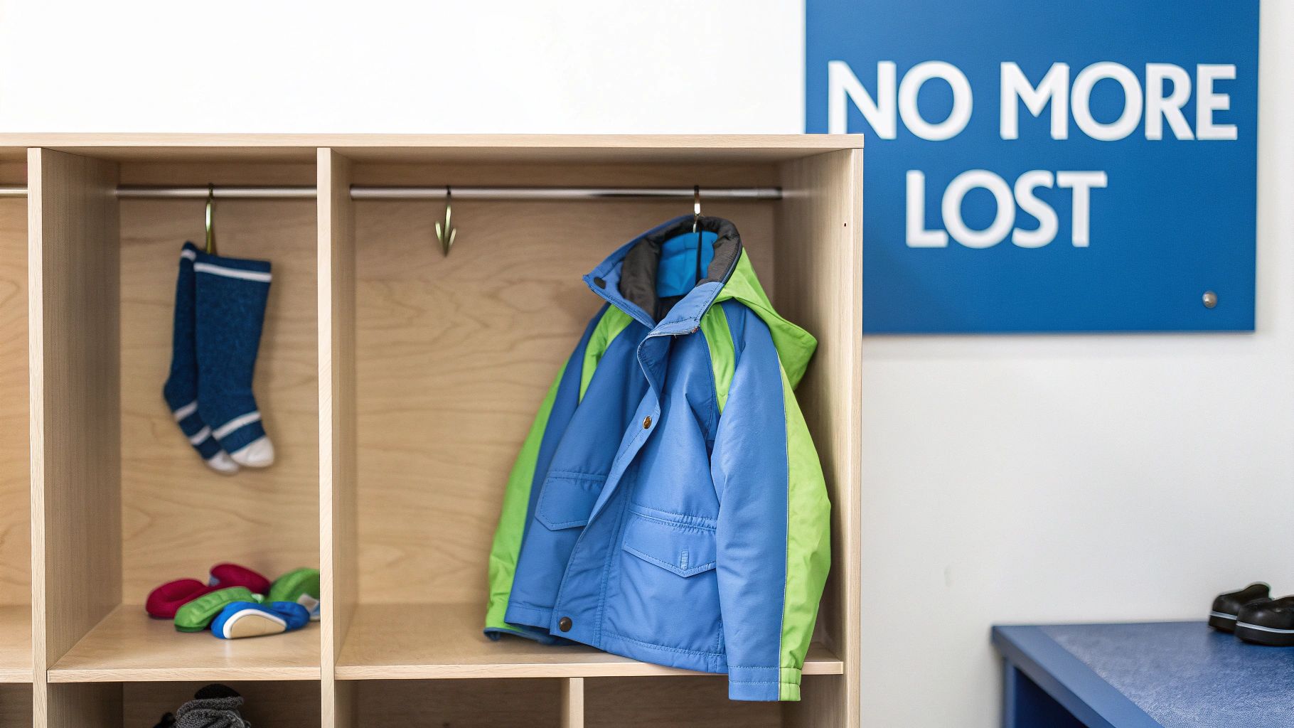 Wooden cubbies with hanging socks and a blue-green jacket, near a 'NO MORE LOST' sign.