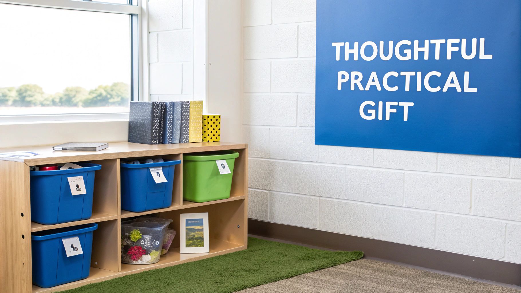 A wooden cubby shelf with blue and green storage bins next to a window. A blue sign on the wall reads 'Thoughtful Practical Gift'.