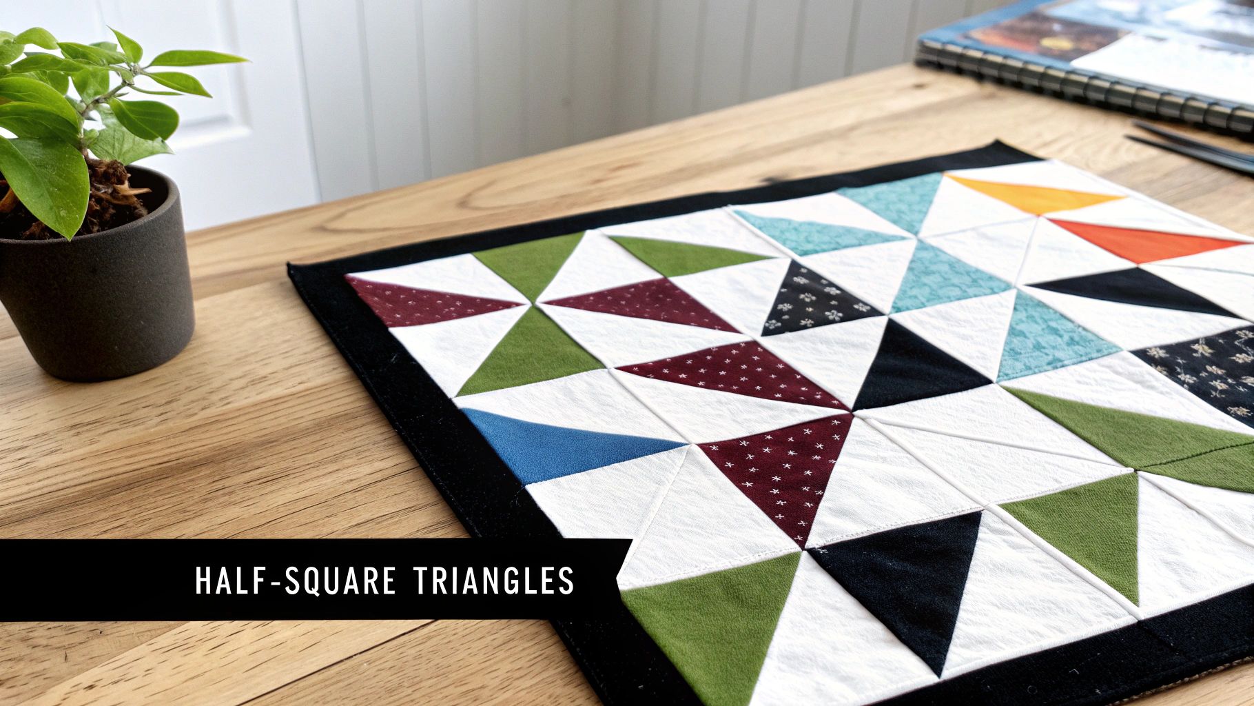 A colorful quilted mat featuring half-square triangles on a wooden table with a potted plant.