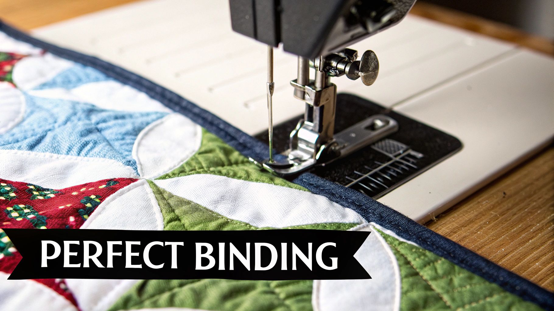 Close-up of a sewing machine stitching a dark blue binding onto a colorful quilted fabric.