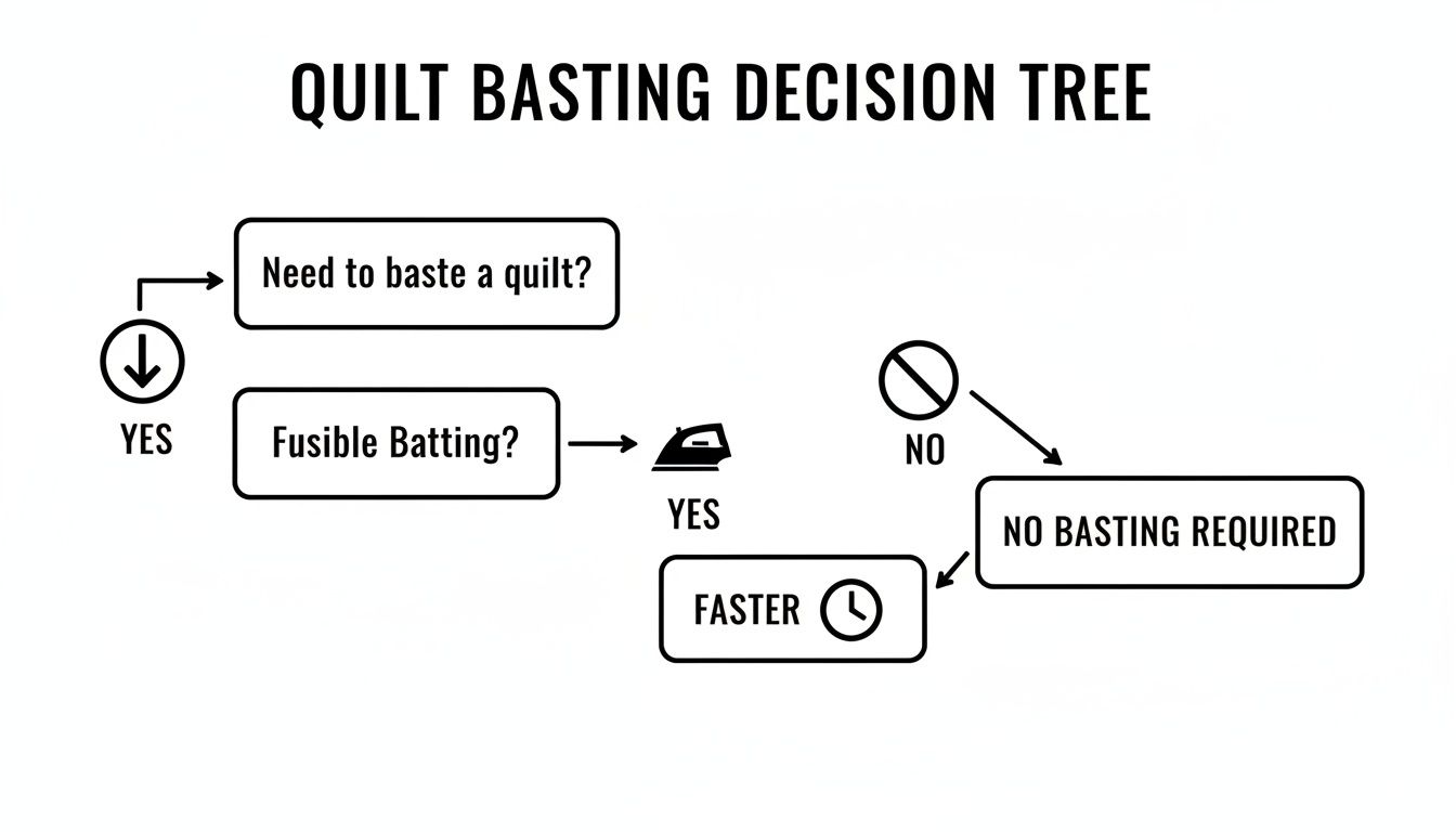 A quilt basting decision tree flowchart explaining when basting is required and if fusible batting makes it faster.