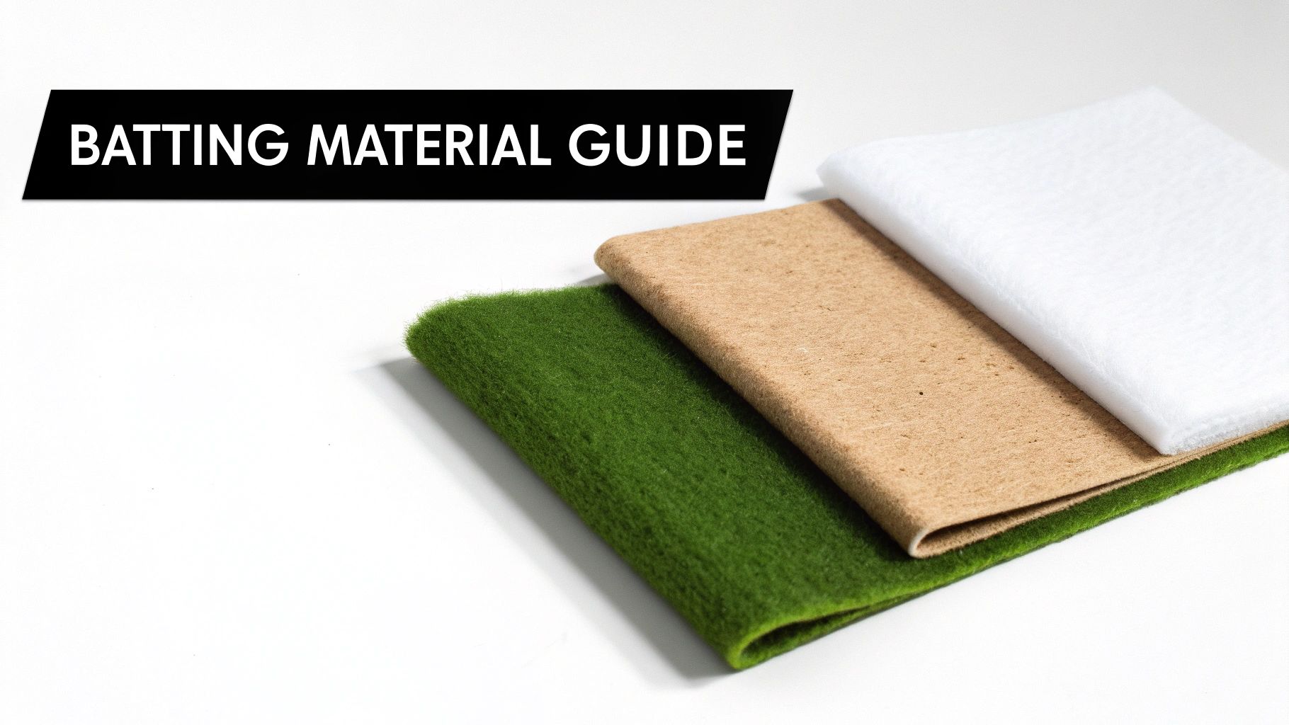 Three folded samples of batting material in white, brown, and green with a guide banner.