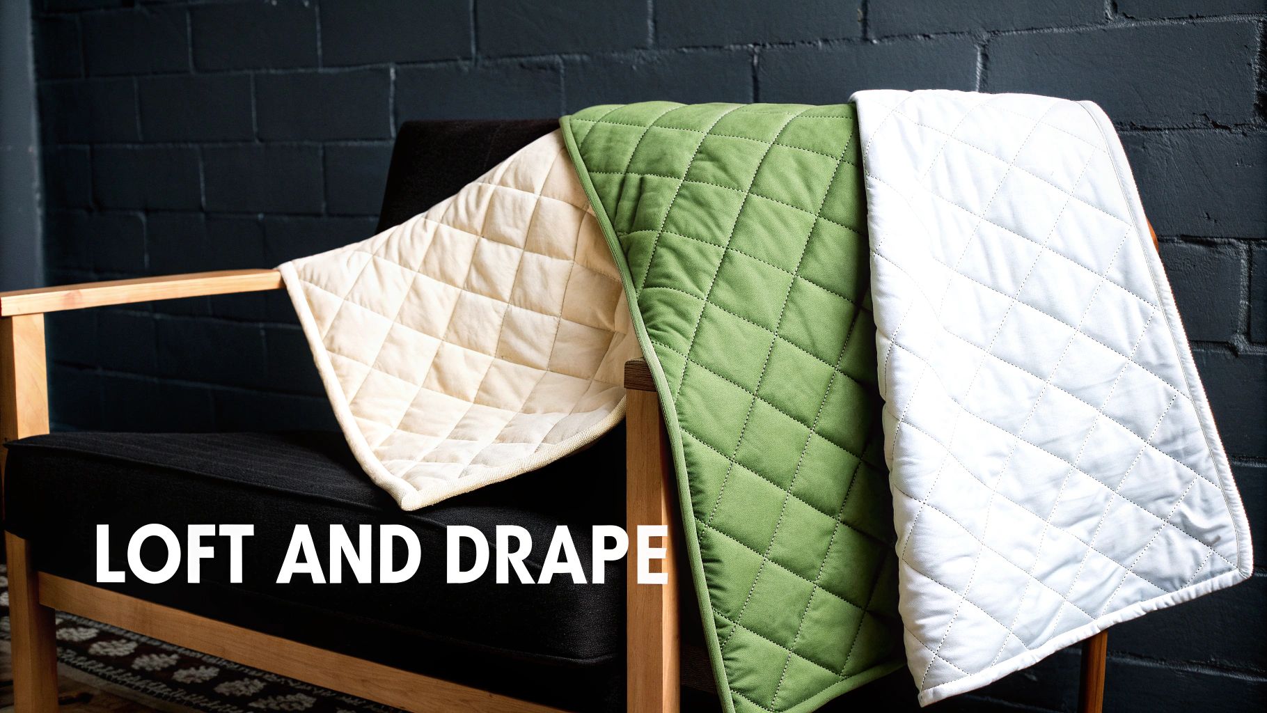 Three quilted blankets in beige, green, and white draped over a dark chair with wooden arms.