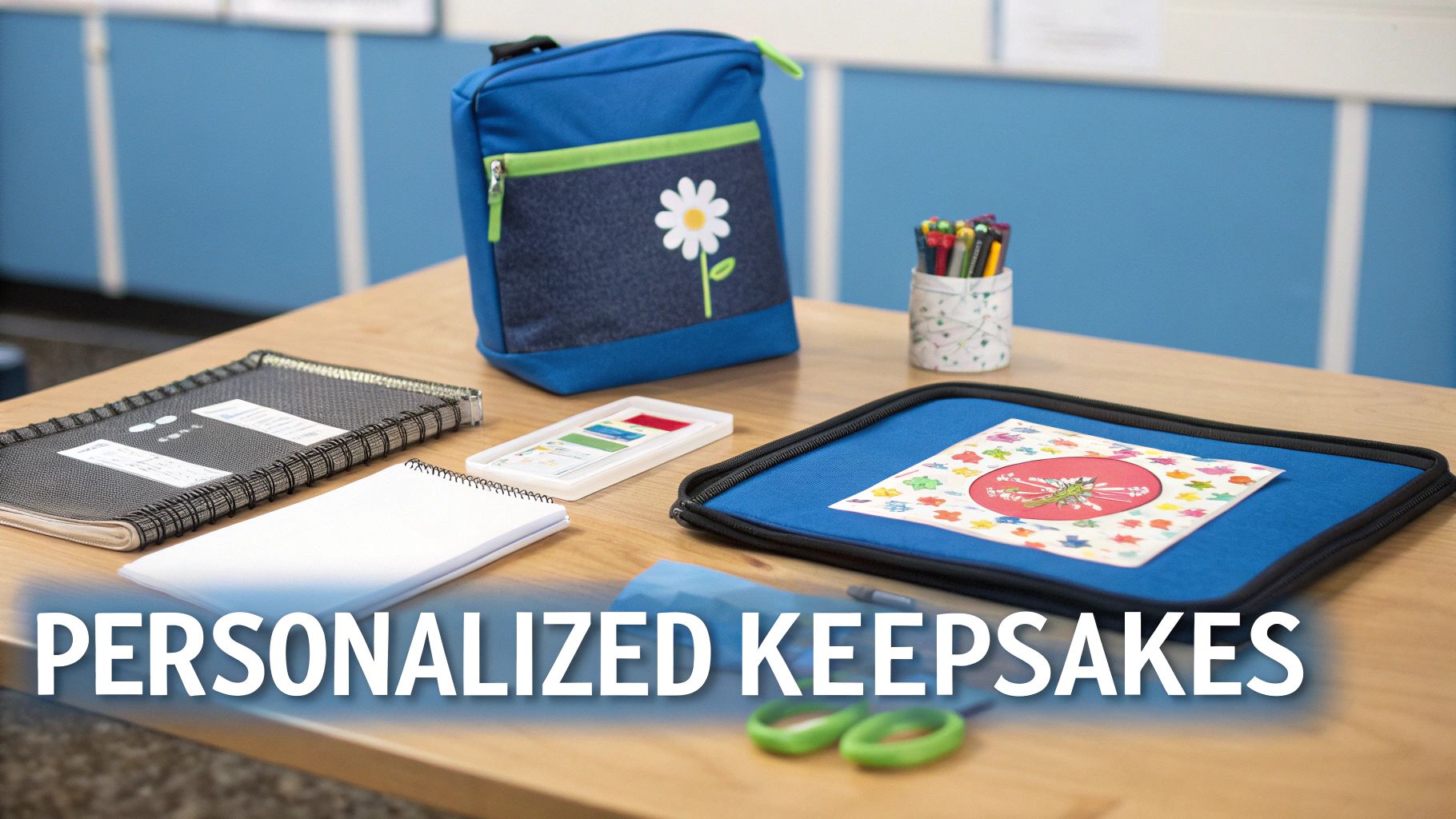 A desk with personalized school supplies including a blue daisy bag, notebooks, pencils, and a child's artwork.