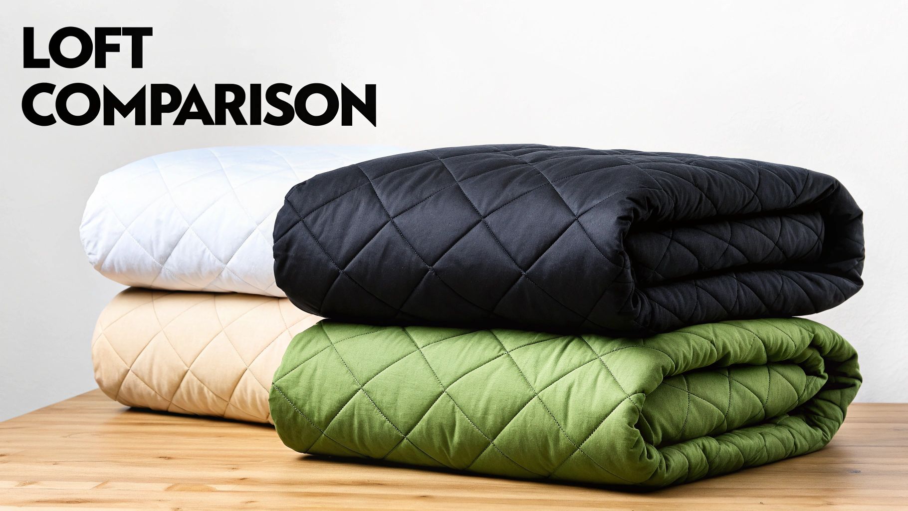 Text 'LOFT COMPARISON' above three stacked quilted blankets in white, beige, black, and green.