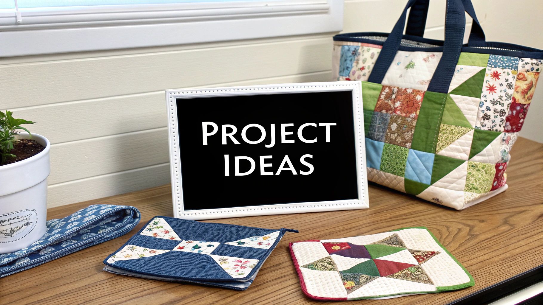 A display frame showing "PROJECT IDEAS" surrounded by colorful quilted crafts and a plant on a wooden table.