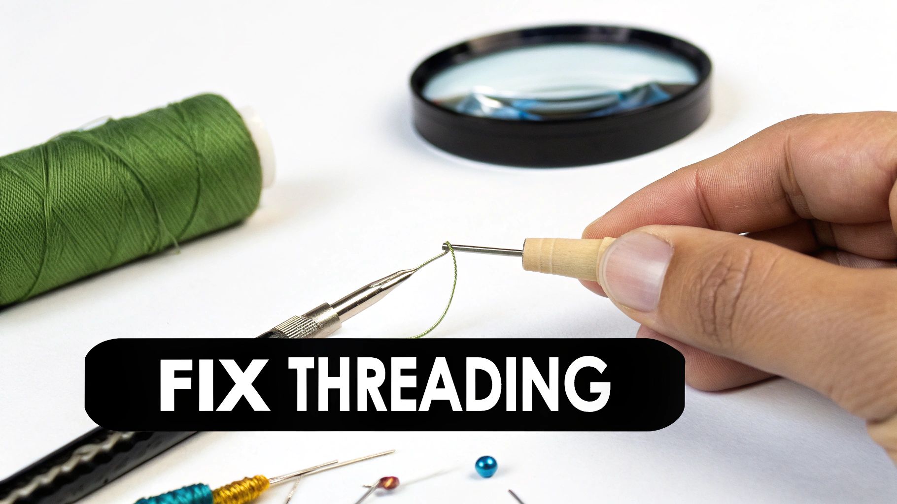 A person's hand using a needle threader to guide light green thread, with tools and a magnifying glass nearby.