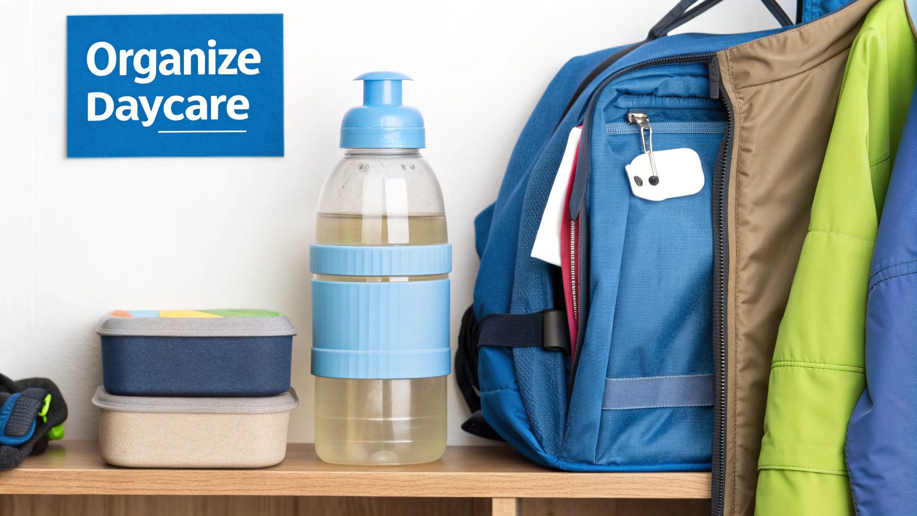 Daycare organization essentials including a water bottle, lunchboxes, backpack, and jackets on a shelf.