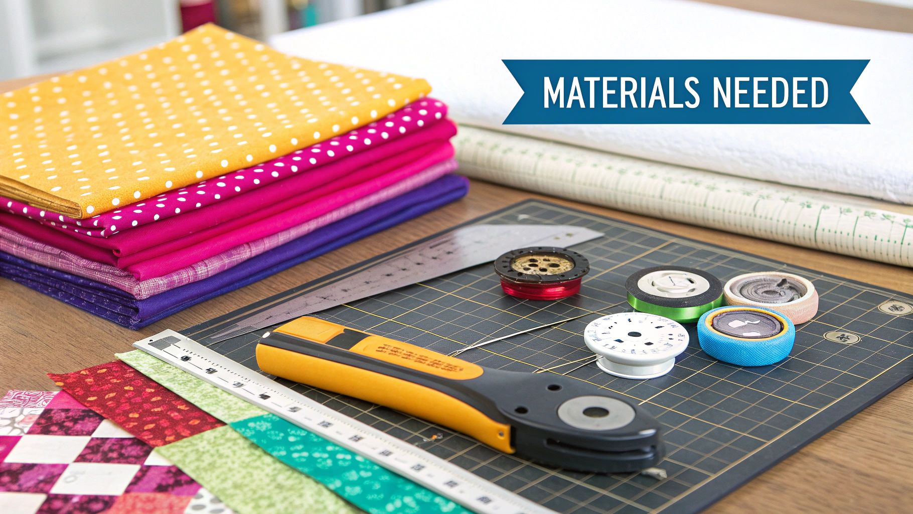 A collection of essential quilting tools including a rotary cutter, mat, ruler, and colorful fabrics laid out on a table.