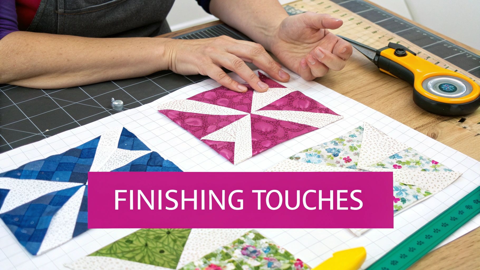 Person carefully binding a colorful, embroidered quilt.