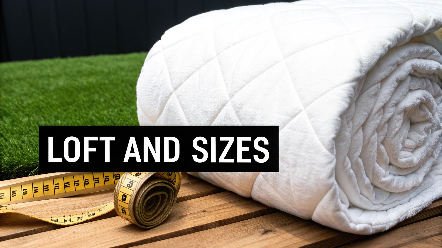 Rolled white quilted batting on wood surface with measuring tape showing loft and sizes