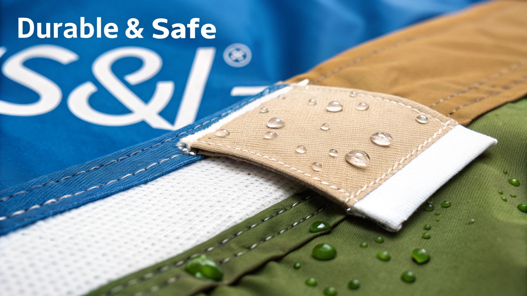 Close-up of durable, waterproof fabrics in blue, tan, and green with visible water droplets and stitching, with text 'Durable & Safe'.