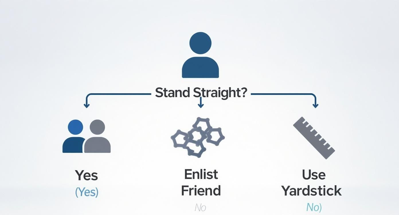Flowchart illustrating methods to check or achieve standing straight, including self-assessment, assistance, and tools.