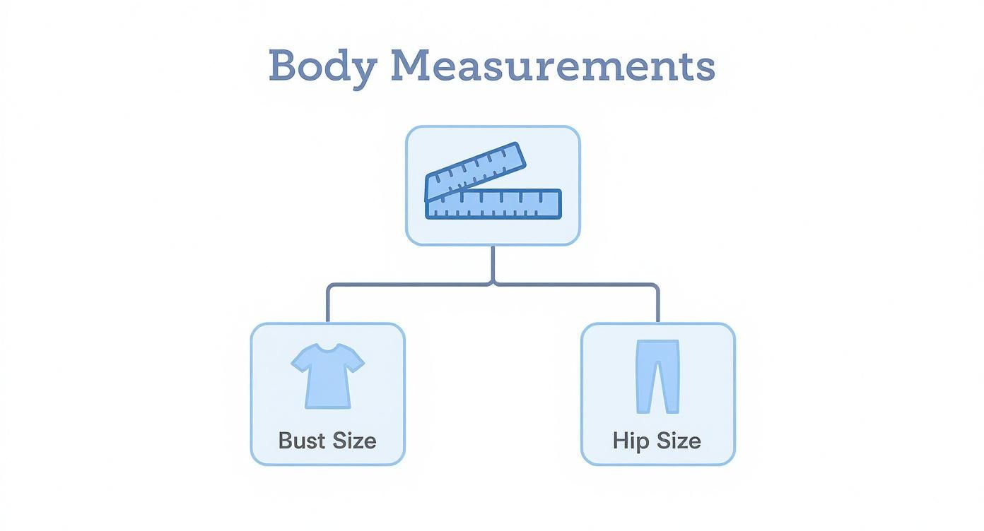 Infographic decision tree for choosing a pattern size based on body measurements for a top or bottom garment.