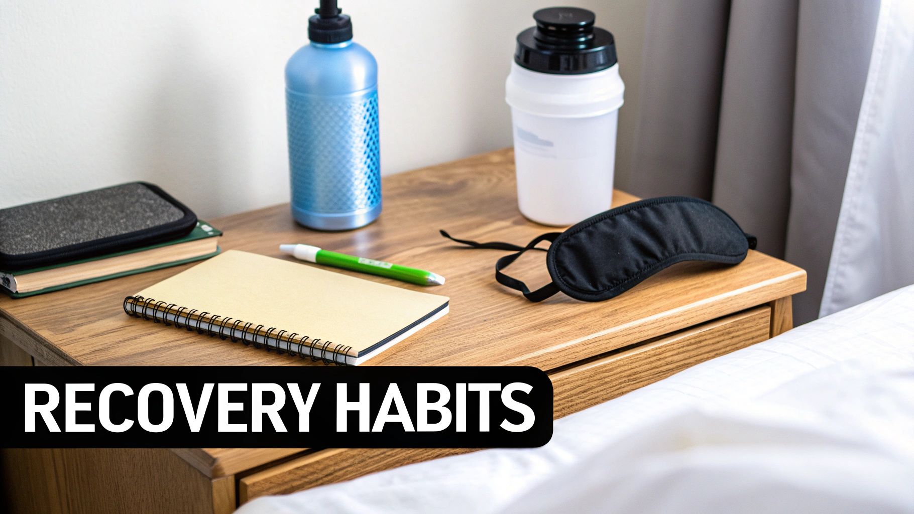 A nightstand with a notebook, pen, two water bottles, and a sleep mask, representing recovery habits.