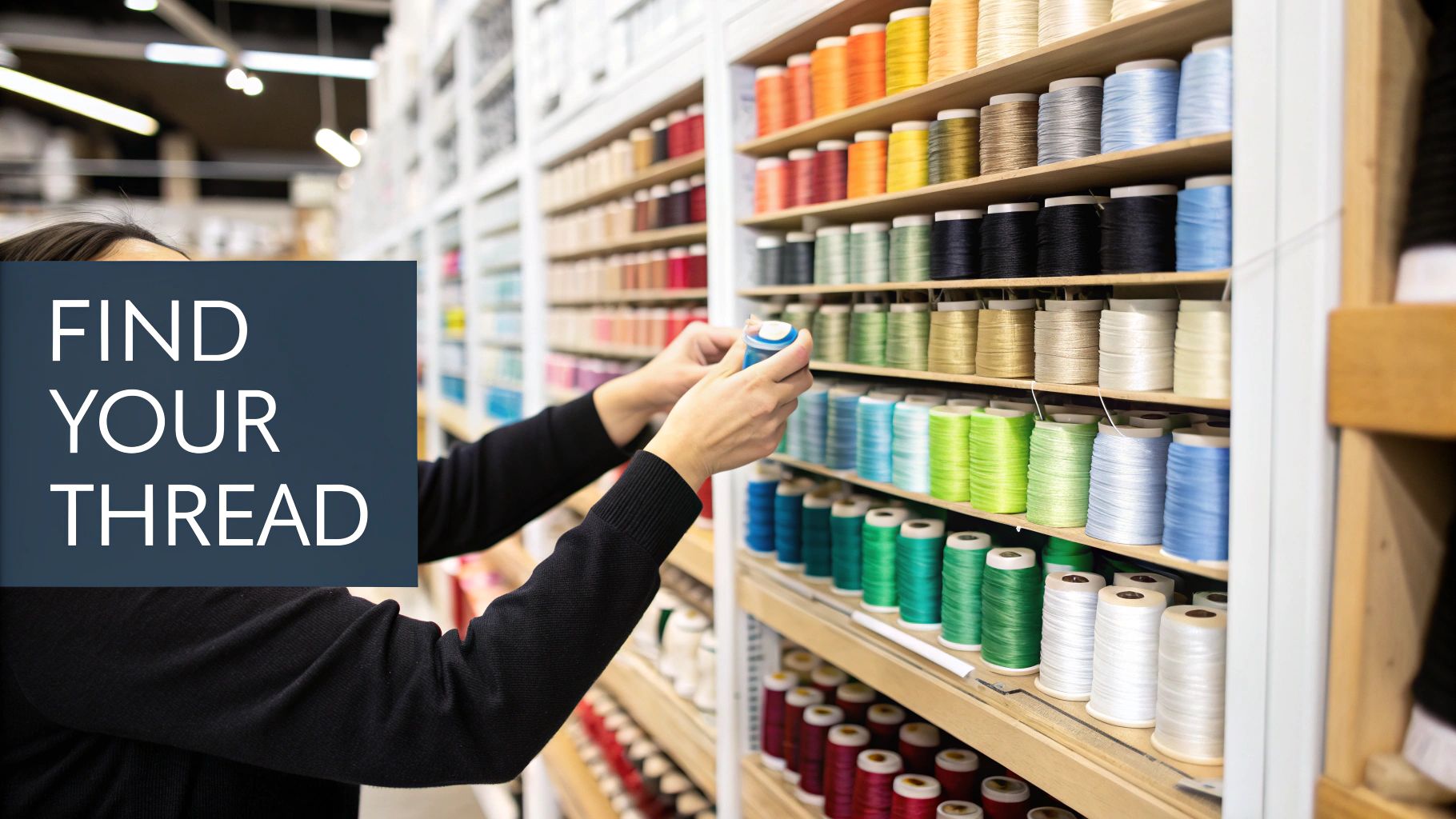 Close-up of hands holding a blue spool of thread in a store filled with colorful sewing supplies.