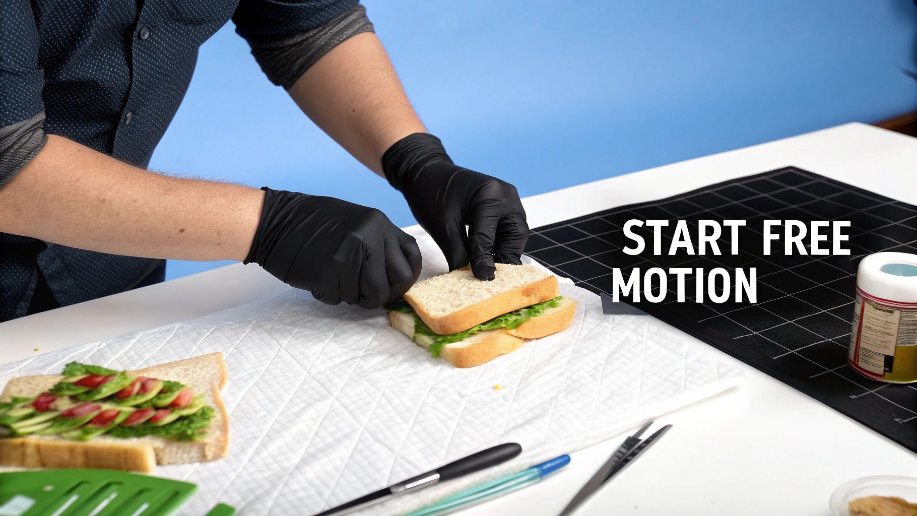 Close-up of a person wearing black gloves assembling a fresh sandwich on a white mat.