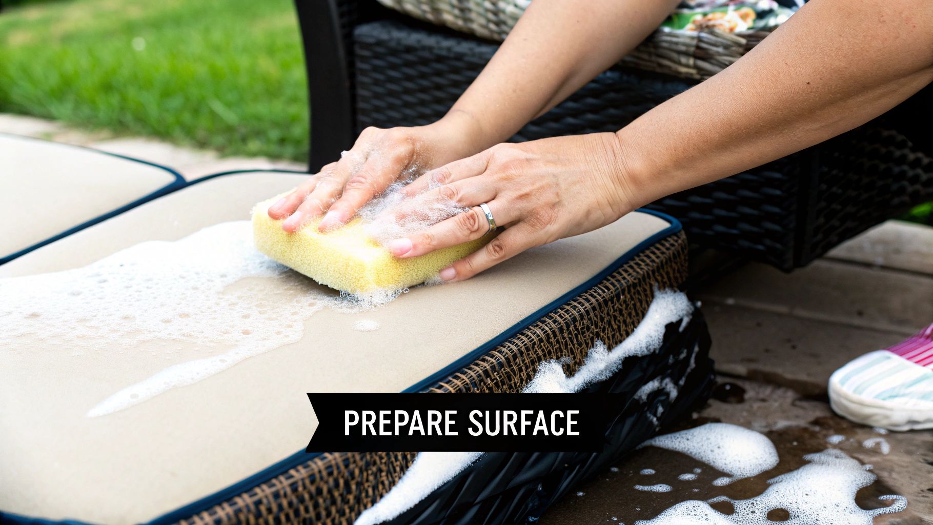 A person cleaning outdoor fabric with a cloth and soapy water before treatment.