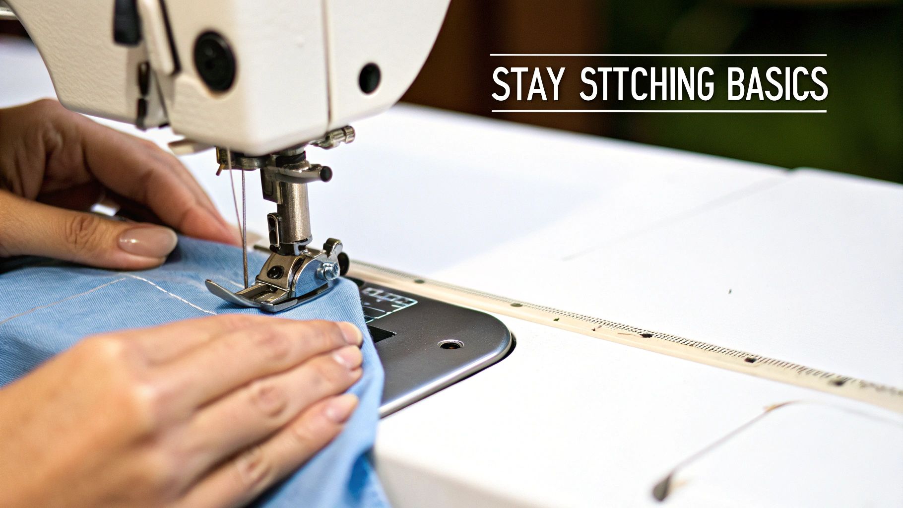 Close-up of hands guiding blue fabric under a sewing machine's needle, demonstrating stay stitching.