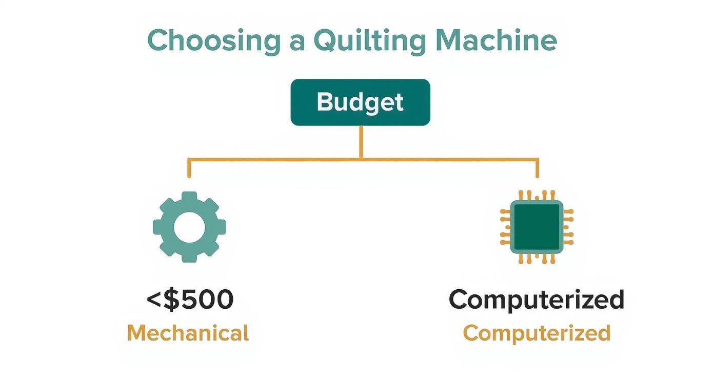 Infographic decision tree for choosing between a mechanical and computerized quilting machine based on budget.