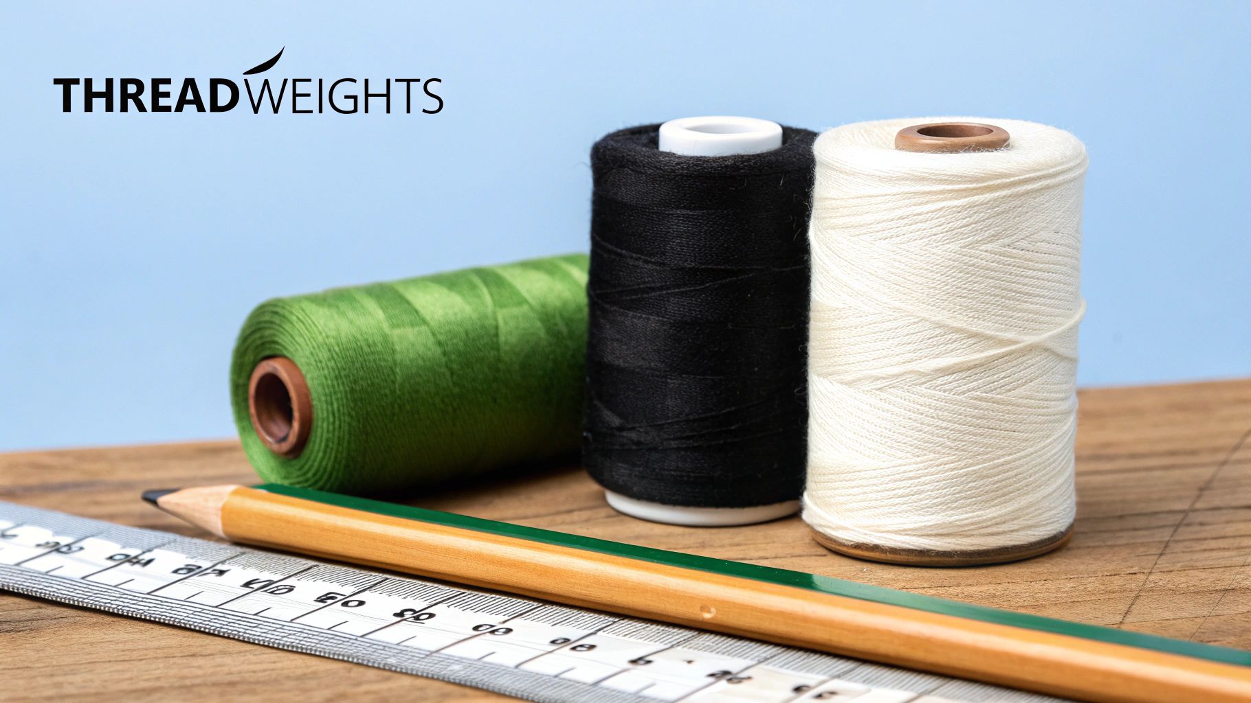 Three spools of thread (green, black, off-white) with a ruler and pencil on a wooden table.