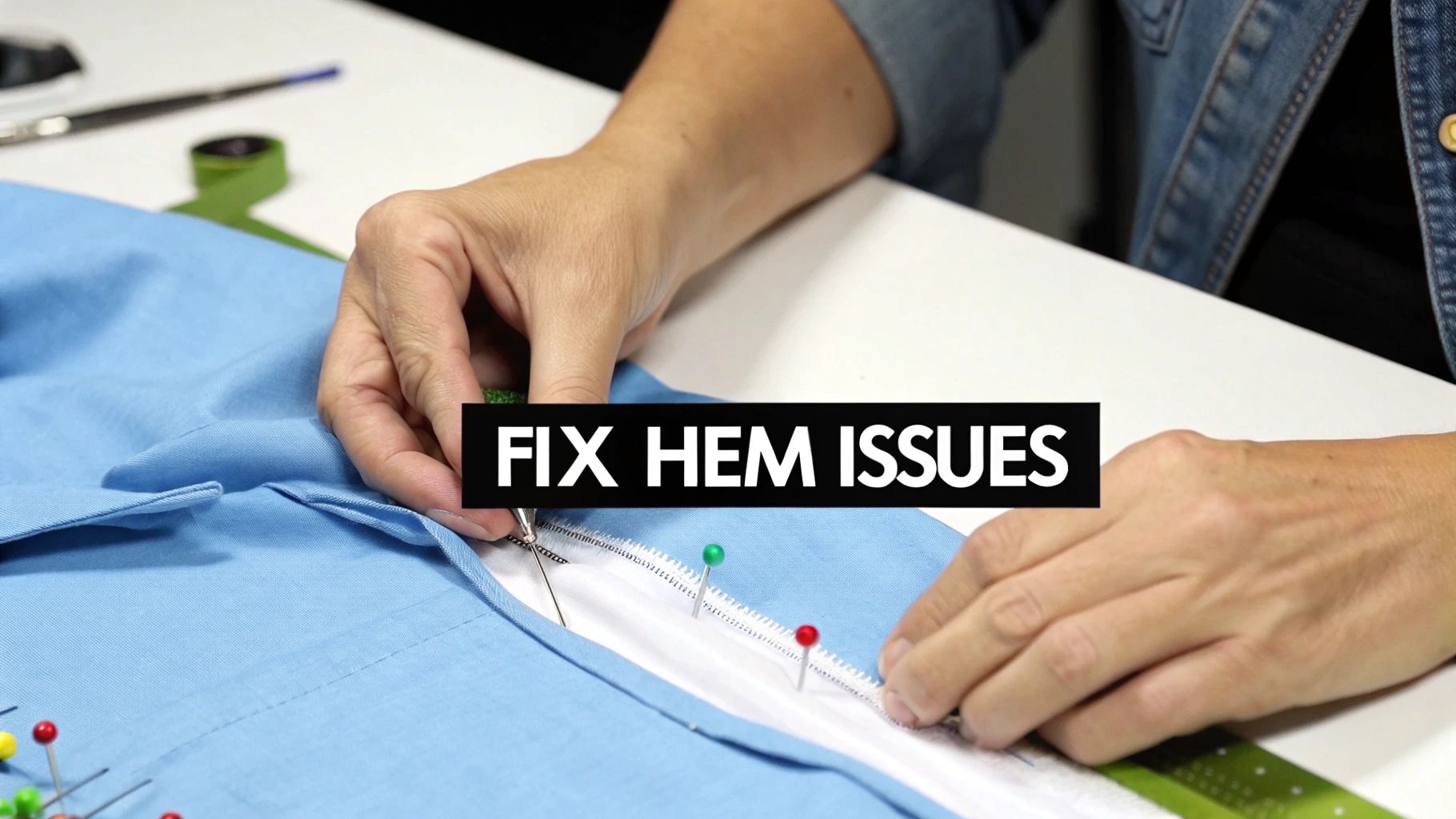 Hands are pinning a white zipper lining onto a light blue fabric garment, likely fixing a hem issue.